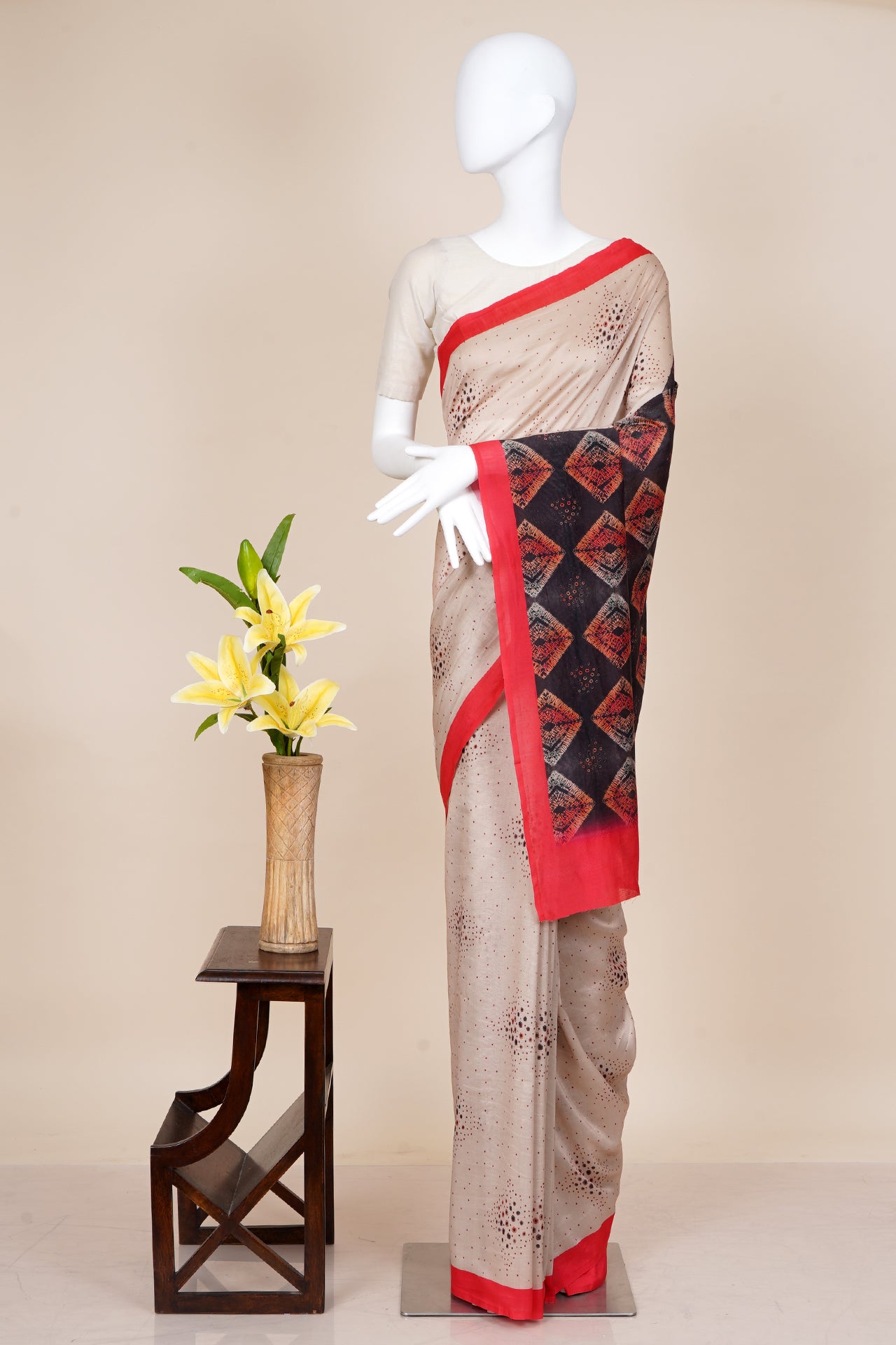 Beige Color Digital Printed Bandhani Pattern Pure Chanderi Saree With Blouse Piece