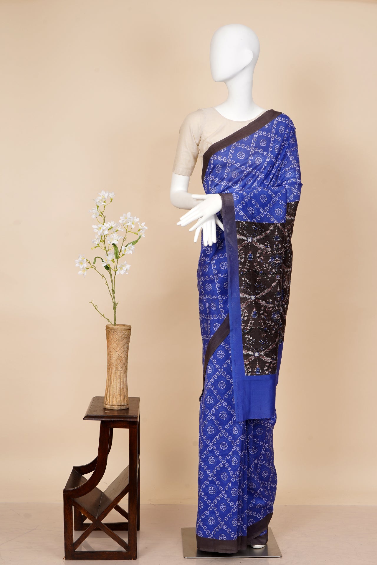 Blue Color Digital Printed Bandhani Pattern Pure Chanderi Saree With Blouse Piece