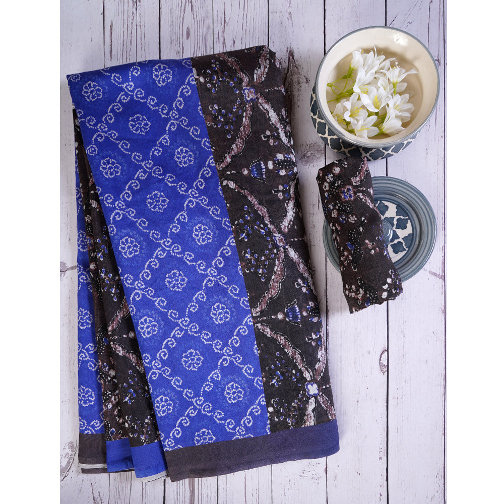 Blue Color Digital Printed Bandhani Pattern Pure Chanderi Saree With Blouse Piece