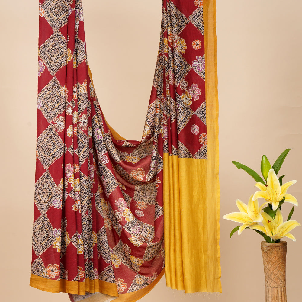 Red Color Digital Printed Batik Pattern Pure Chanderi Saree With Blouse Piece