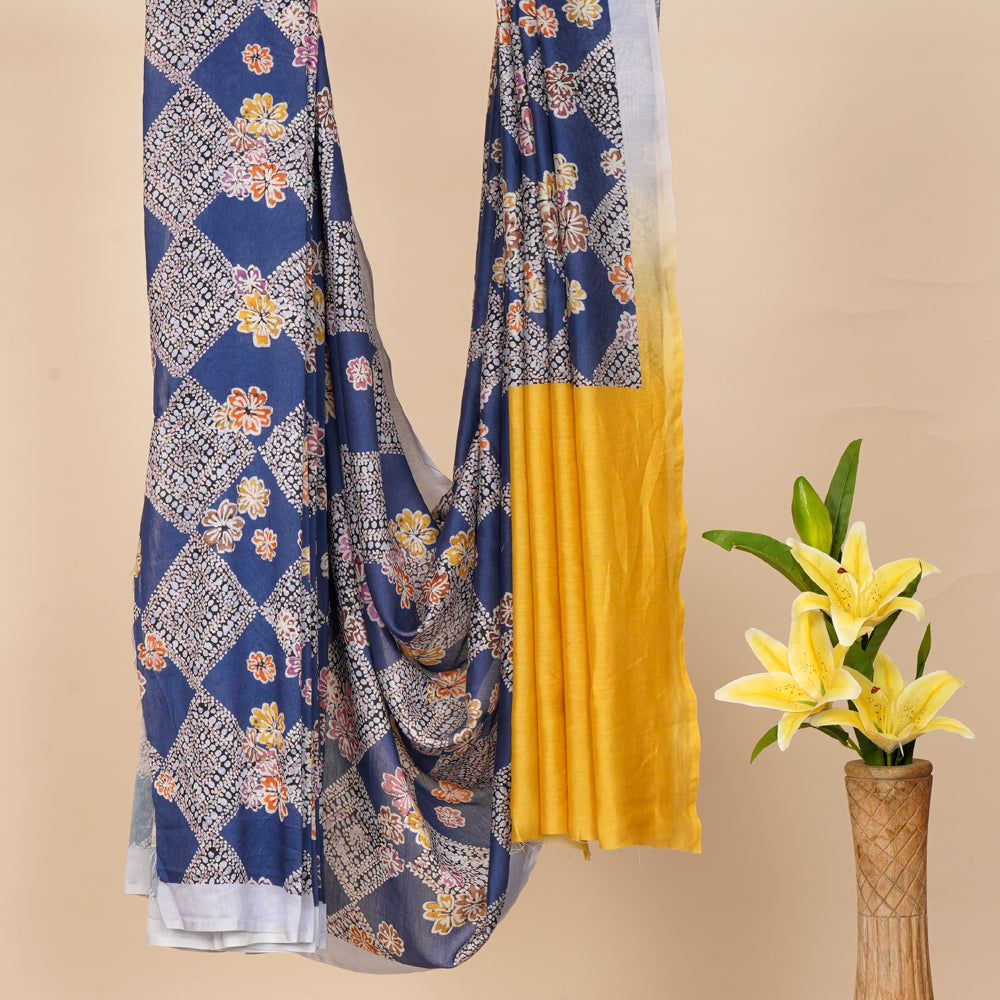 Blue Color Digital Printed Batik Pattern Pure Chanderi Saree With Blouse Piece