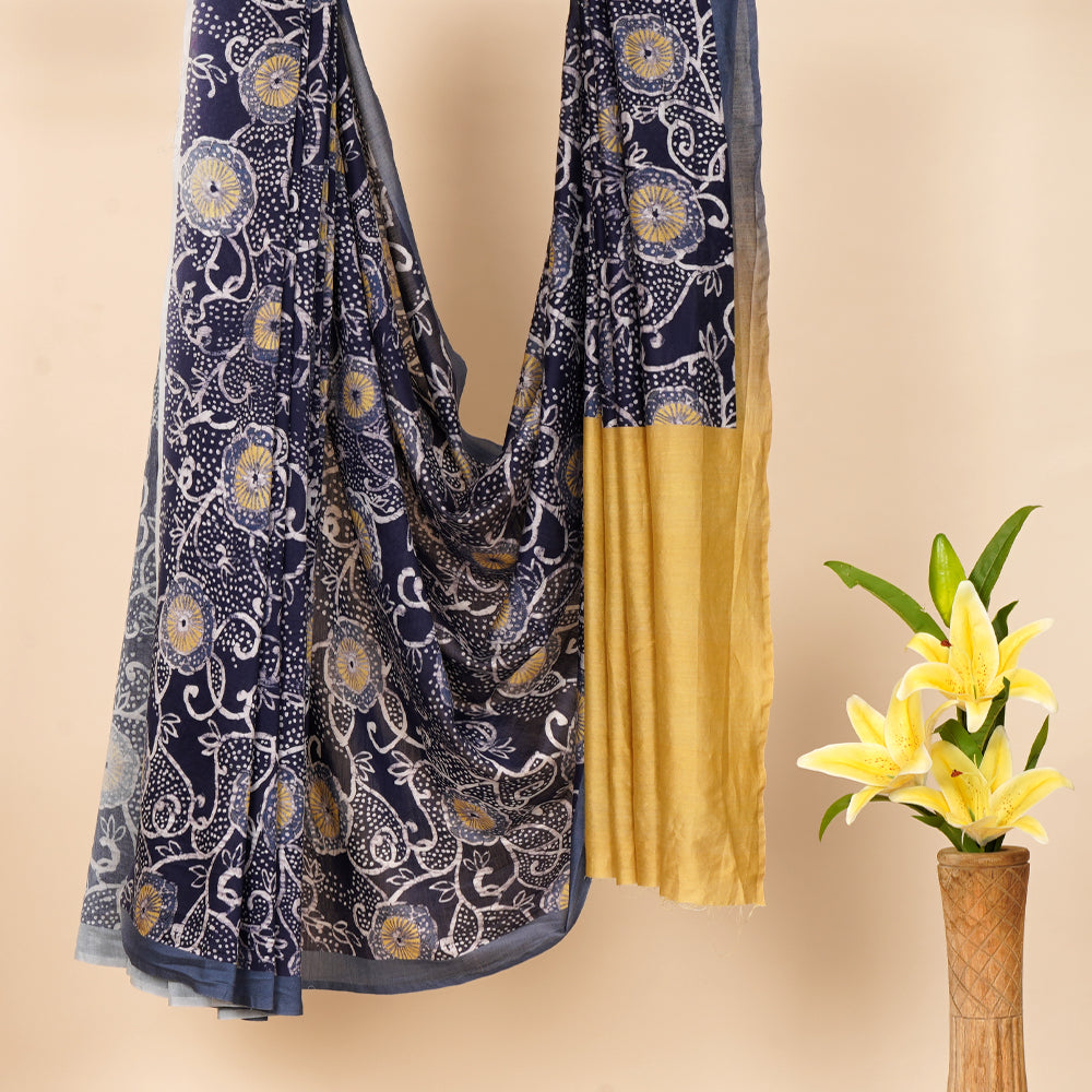 Dark Blue Color Digital Printed Batik Pattern Pure Chanderi Saree With Blouse Piece