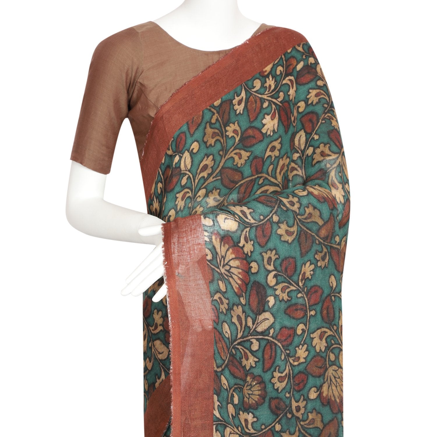 Green Color Digital Printed Linen Saree With Blouse Piece