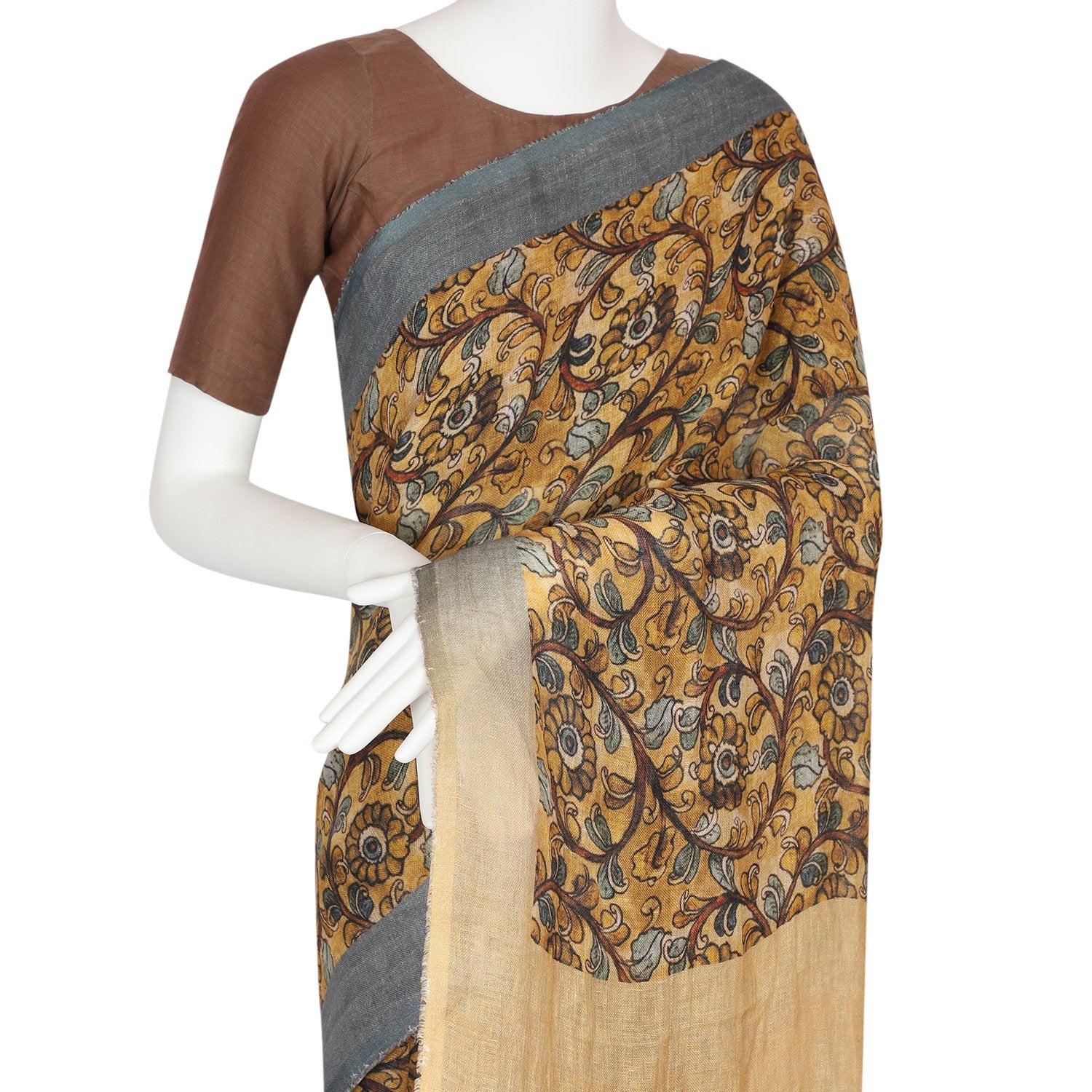 Yellow Color Digital Printed Linen Saree With Blouse Piece