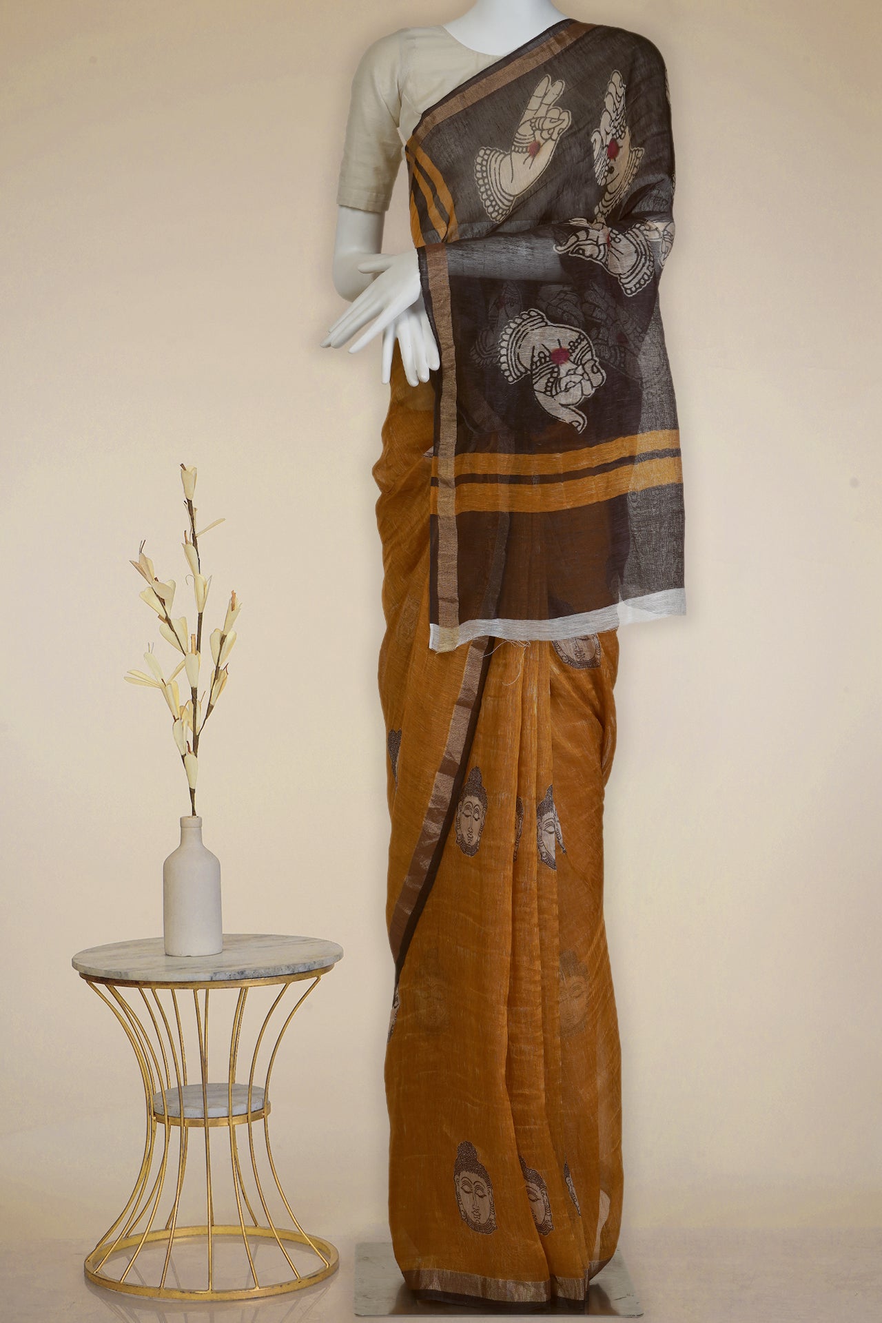 Mustard Color Digital Printed Linen Silk Saree With Blouse Piece