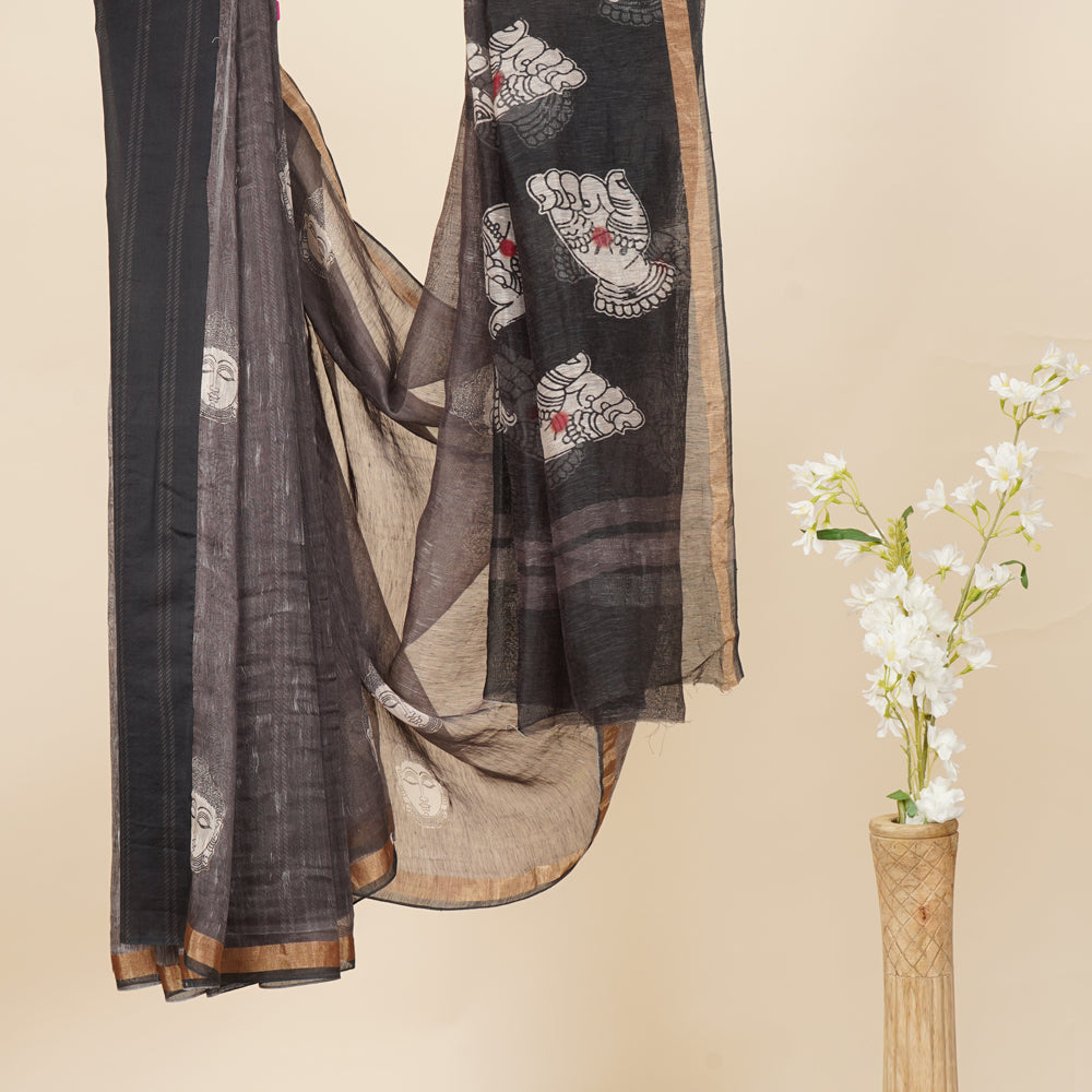 Black Color Digital Printed Kalamkari Pattern Linen Silk Saree with Blouse Piece