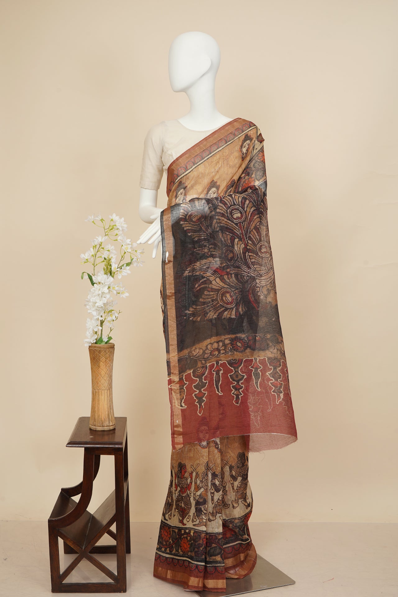 Black Color Digital Printed Kalamkari Pattern Linen Silk Saree with Blouse Piece