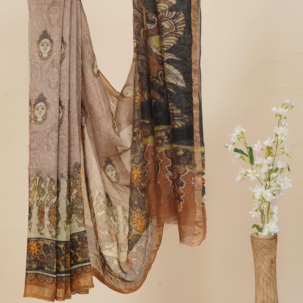 Brown Color Digital Printed Kalamkari Pattern Linen Silk Saree with Blouse Piece