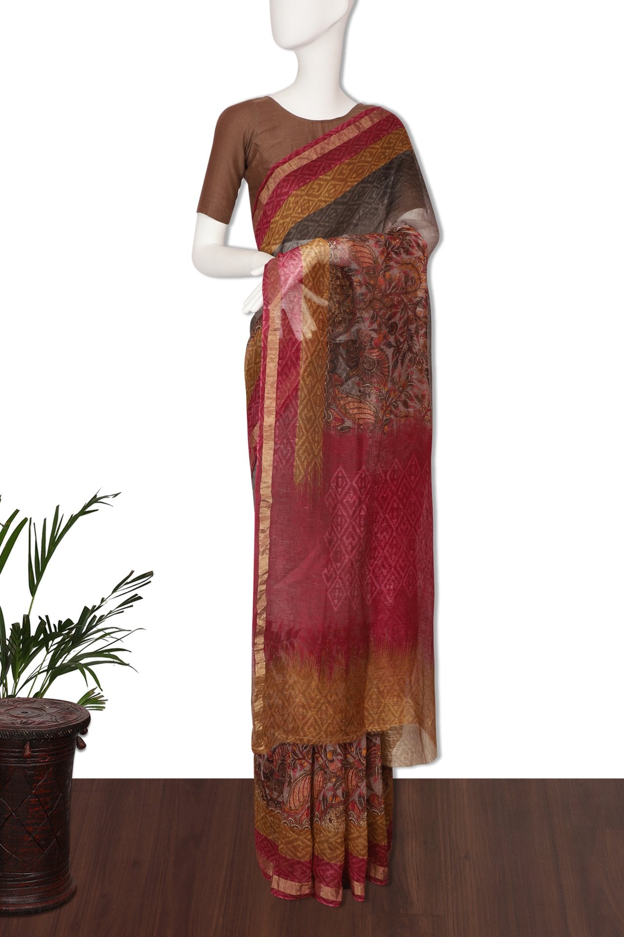 Multi Color Digital Printed Linen Saree With Blouse Piece