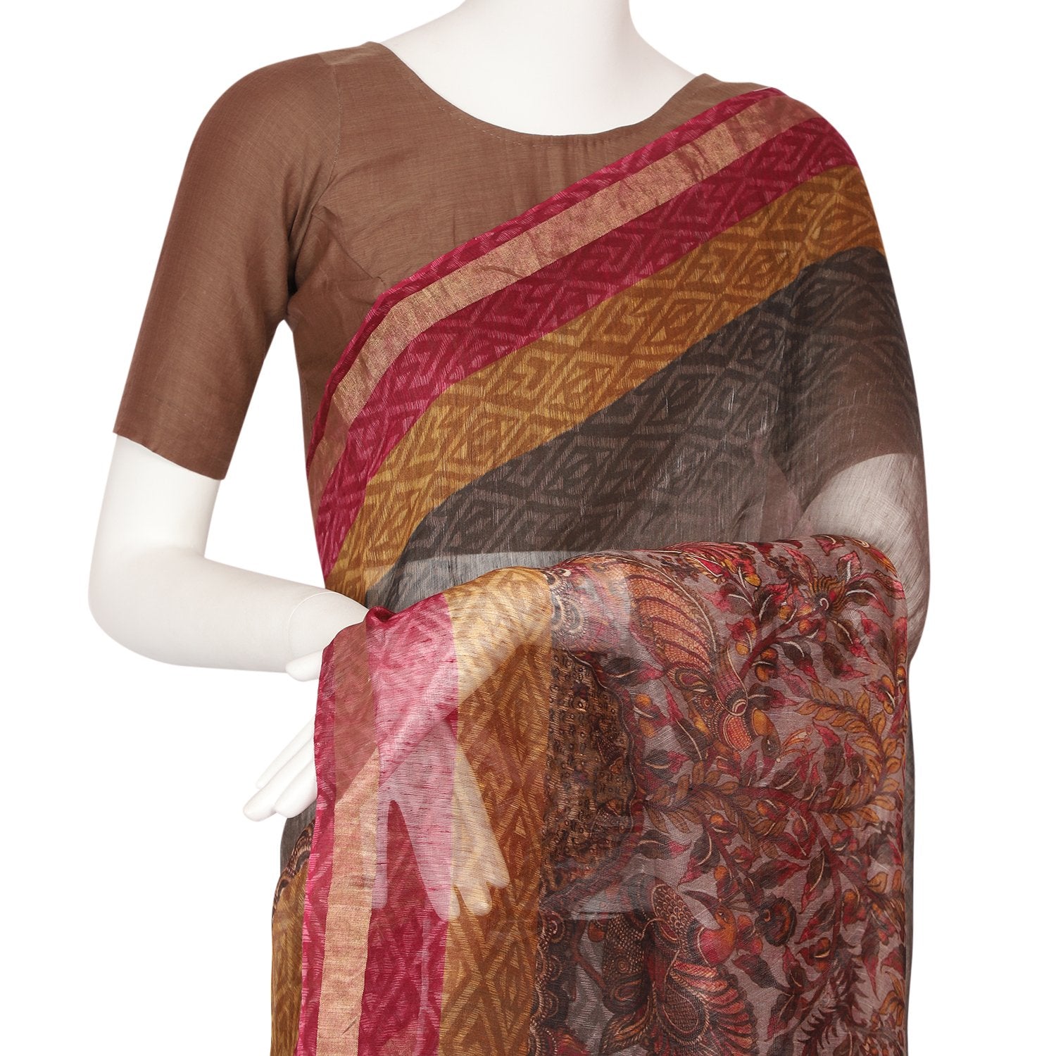 Multi Color Digital Printed Linen Saree With Blouse Piece