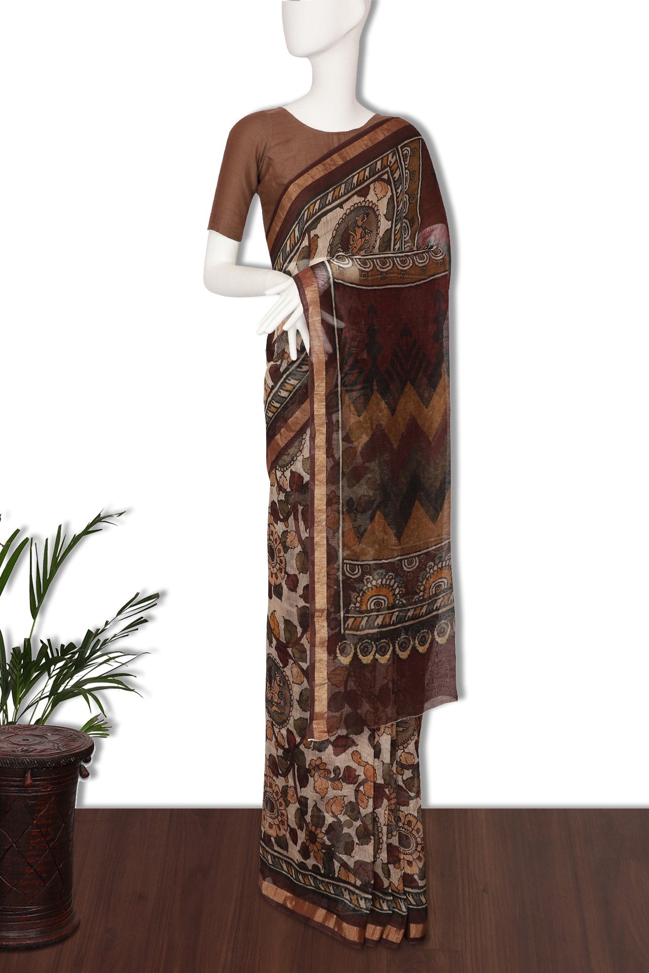 Beige Color Digital Printed Linen Saree With Blouse Piece