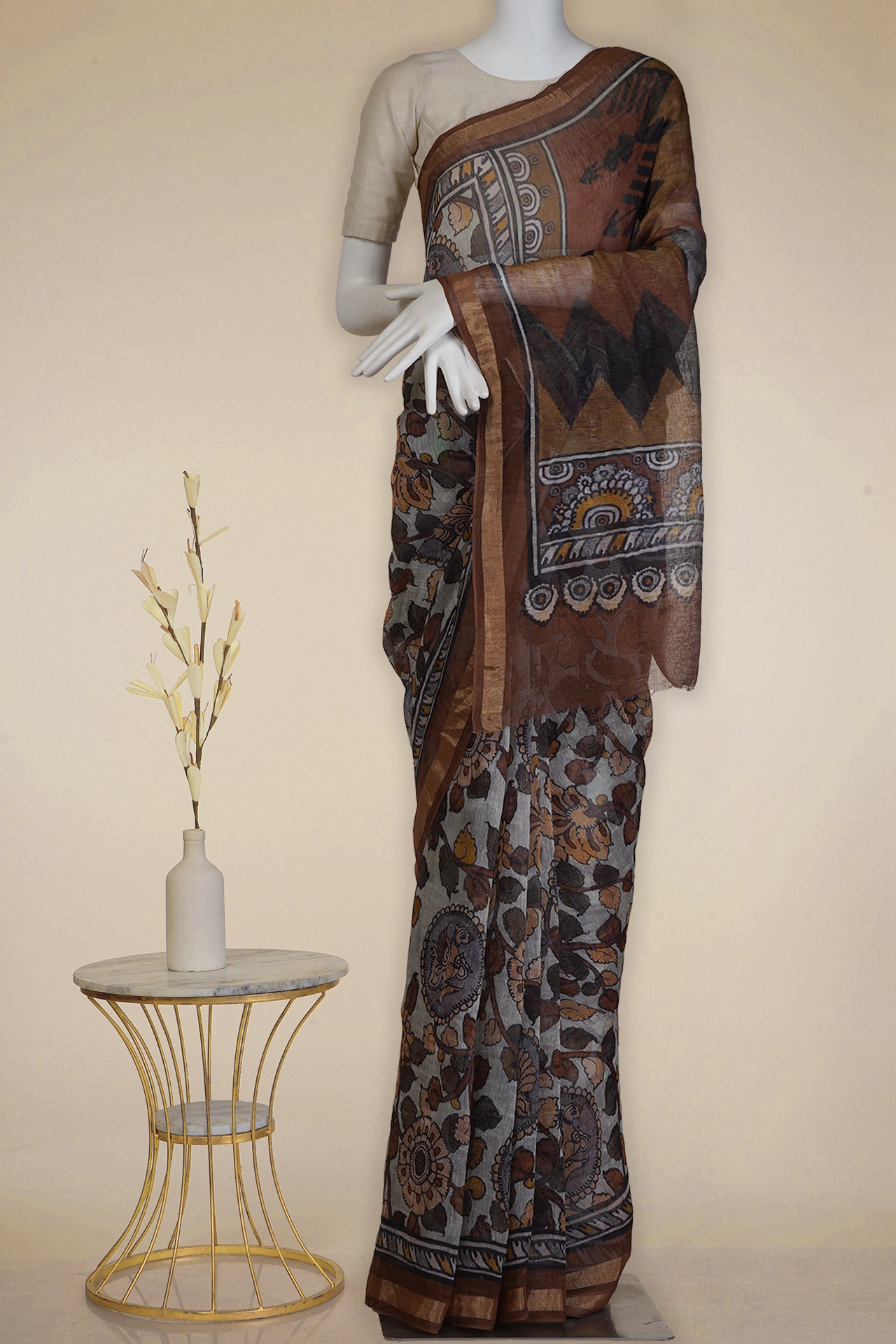 Brown Color Digital Printed Linen Silk Saree With Blouse Piece