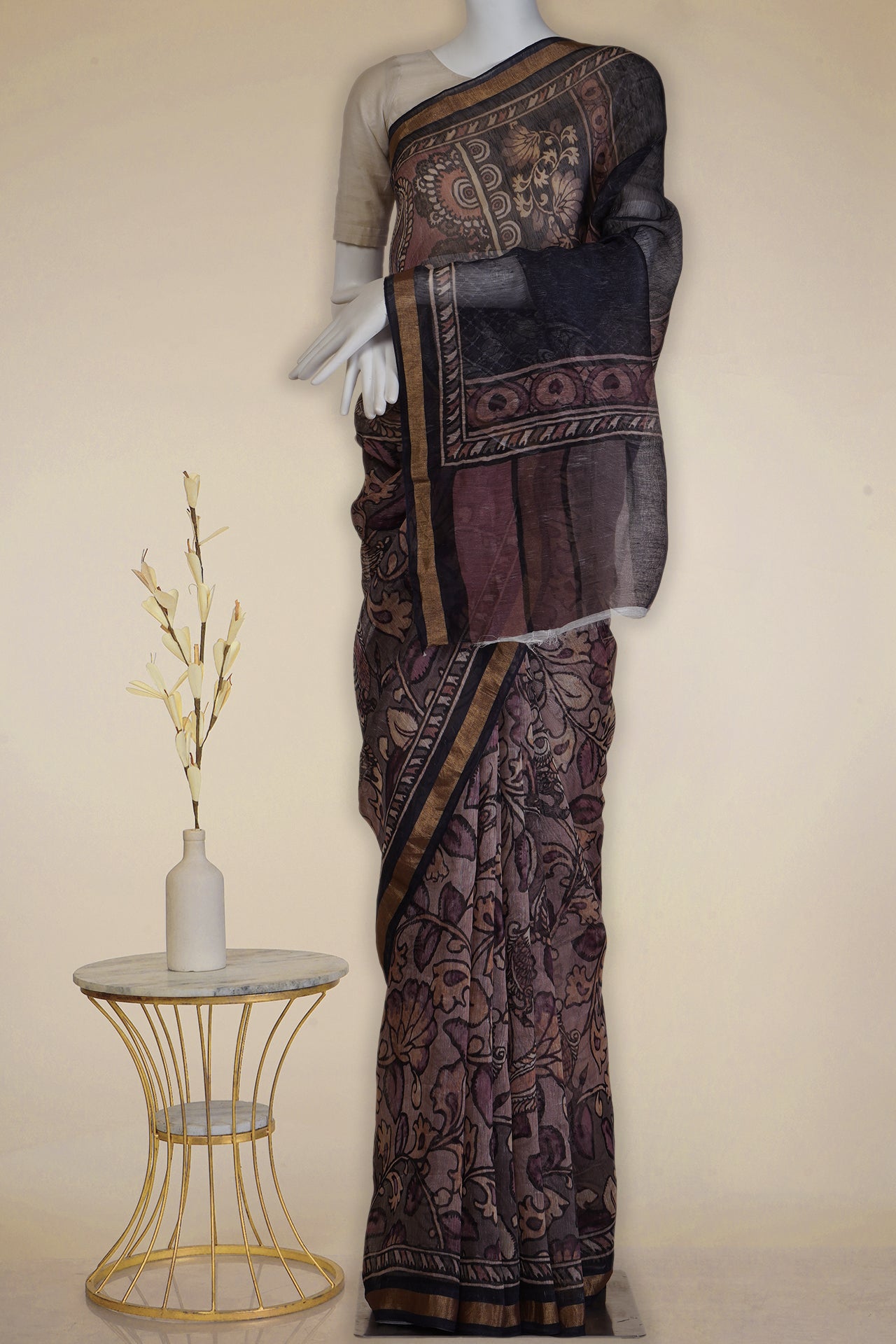 Brown-Black Color Digital Printed Linen Silk Saree With Blouse Piece