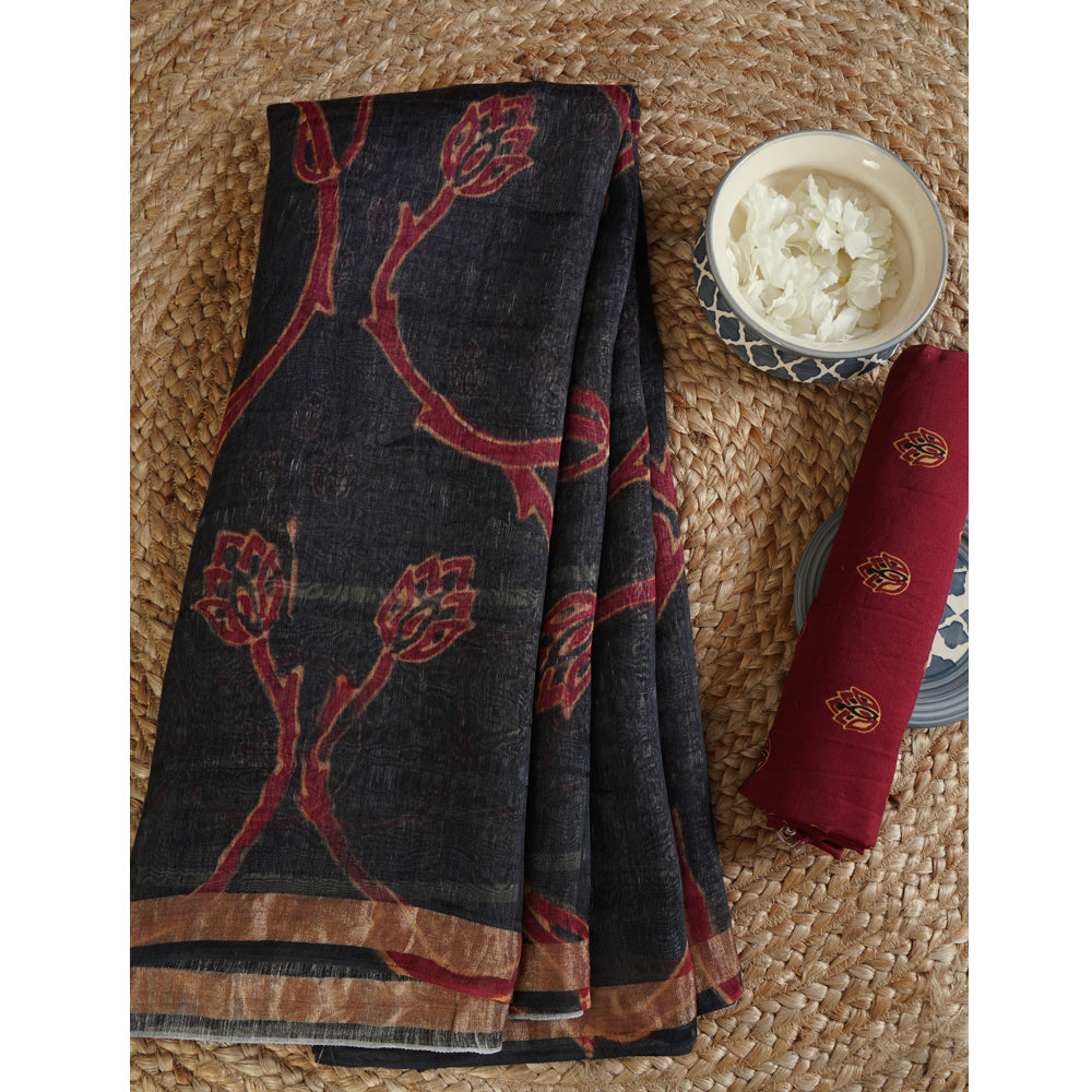 Black-Maroon Color Digital Printed Ajrak Pattern Linen Silk Saree with Blouse Piece
