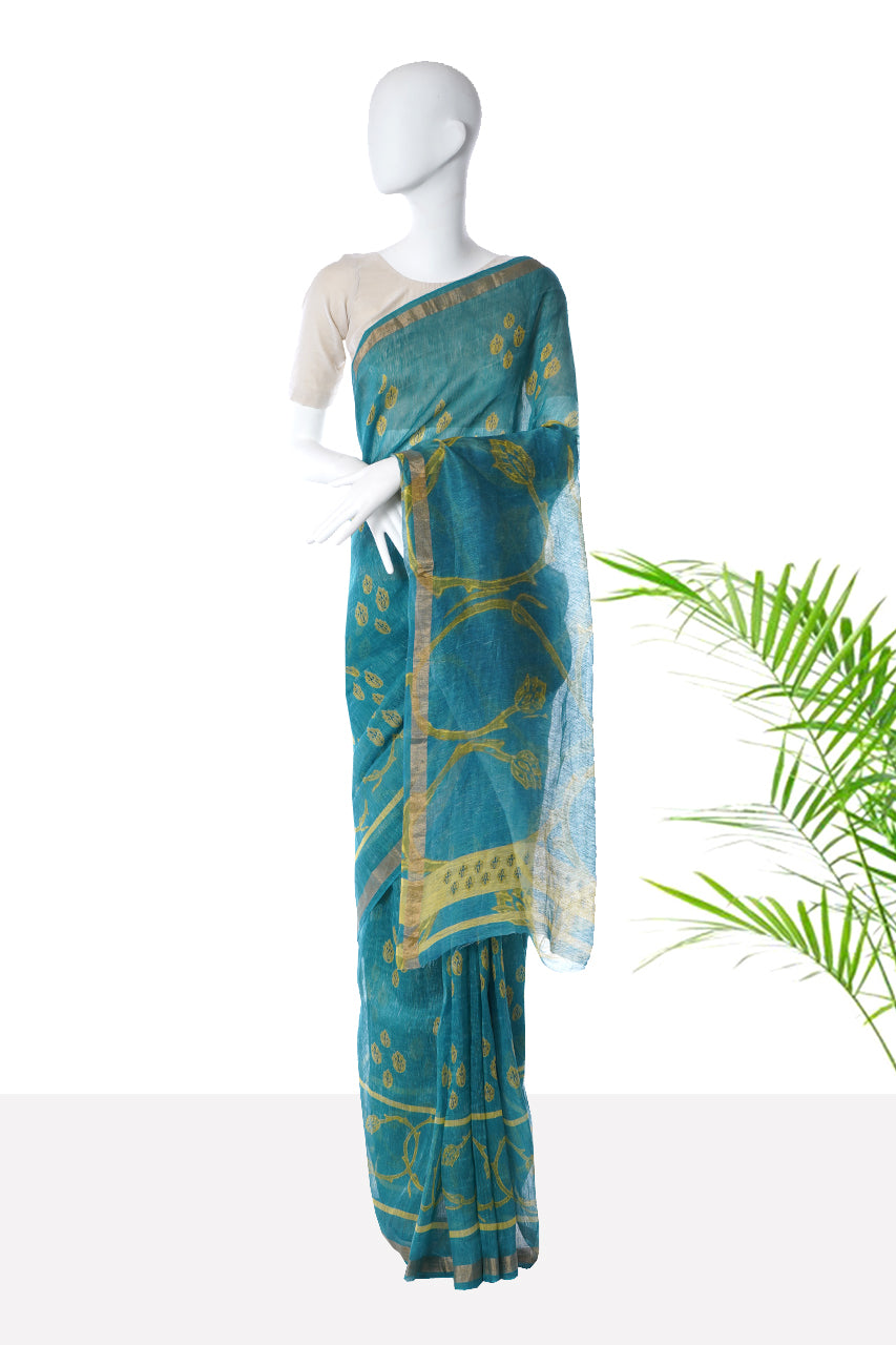 Turquoise Color Digital Printed Linen Silk Saree with Blouse Piece