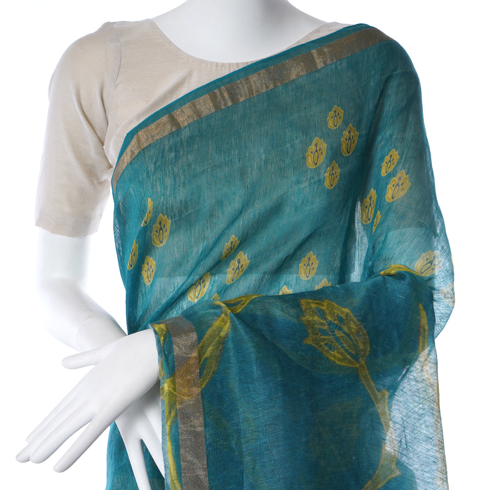 Turquoise Color Digital Printed Linen Silk Saree with Blouse Piece