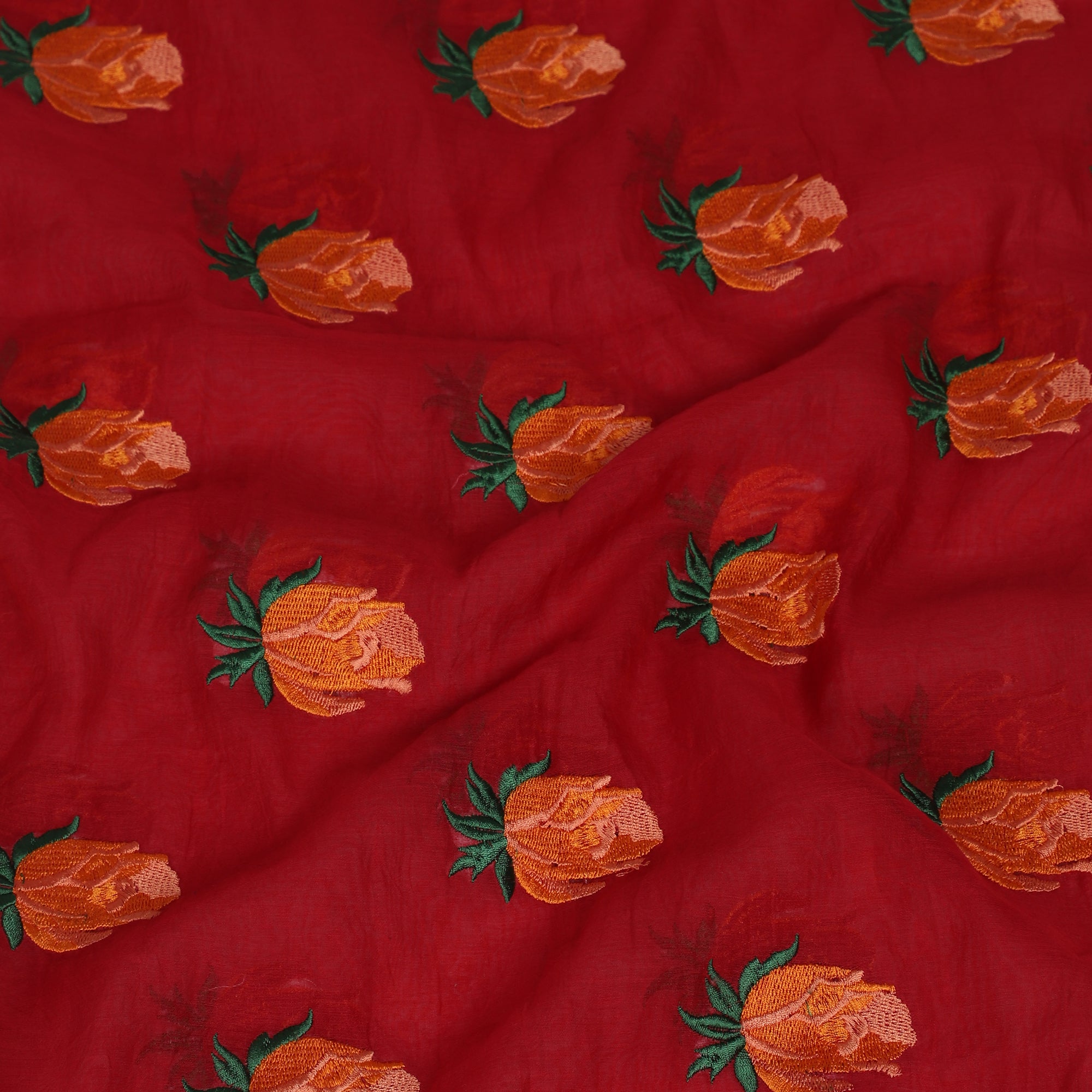 Red-Orange Color Embroidered Pure Chanderi Stole