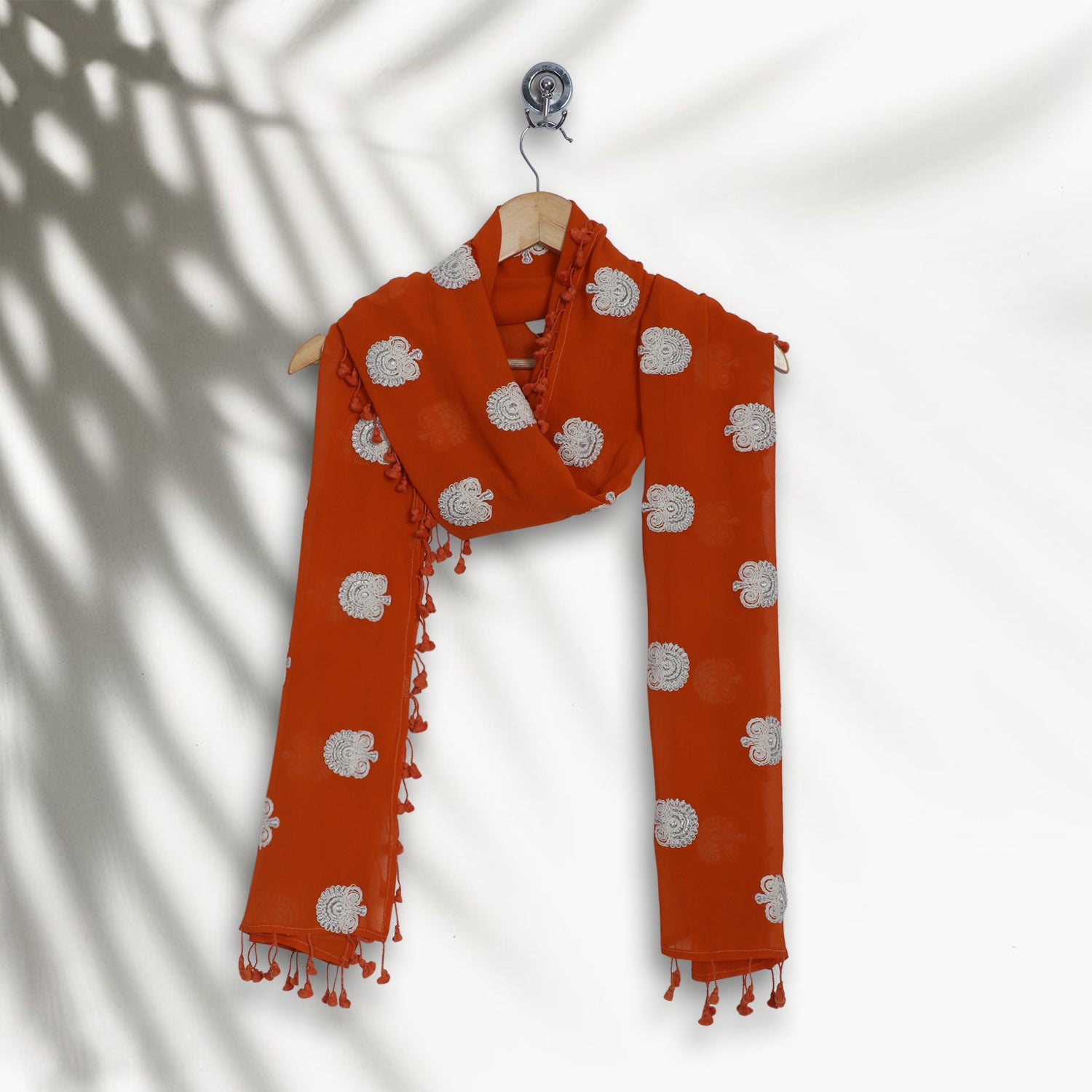 Orange- White Color Embroidered Georgette Silk Stole