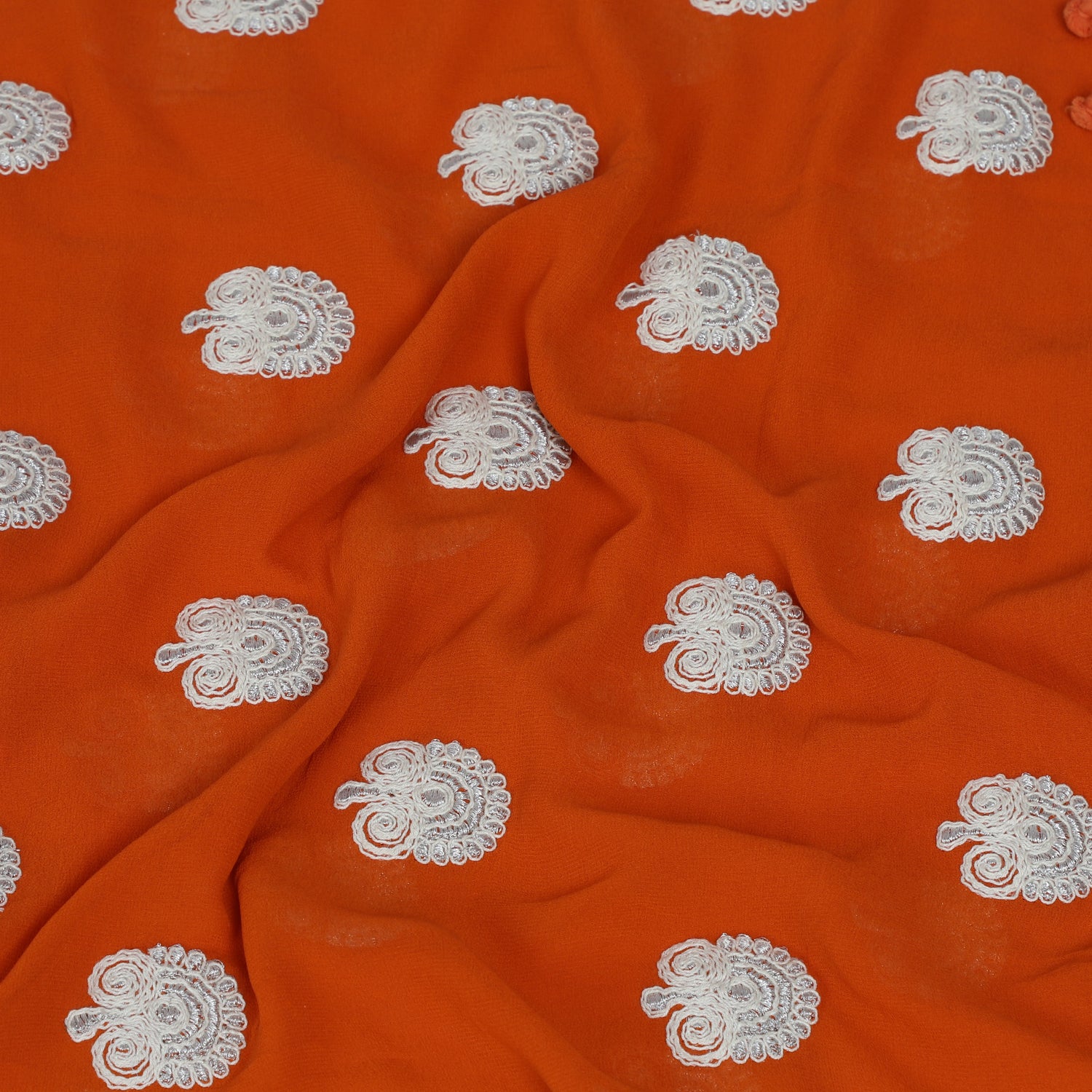 Orange- White Color Embroidered Georgette Silk Stole