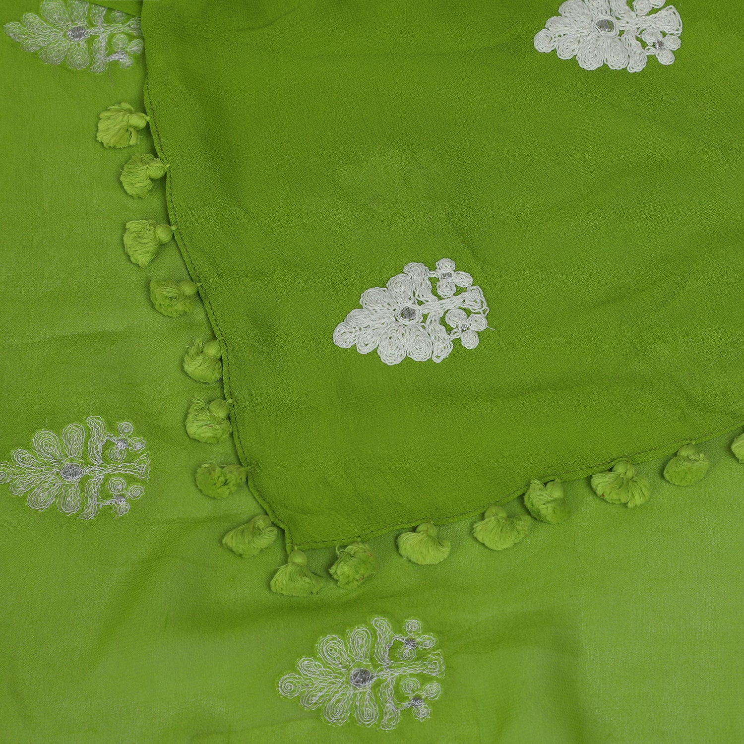 Green-White Color Embroidered Georgette Silk Stole