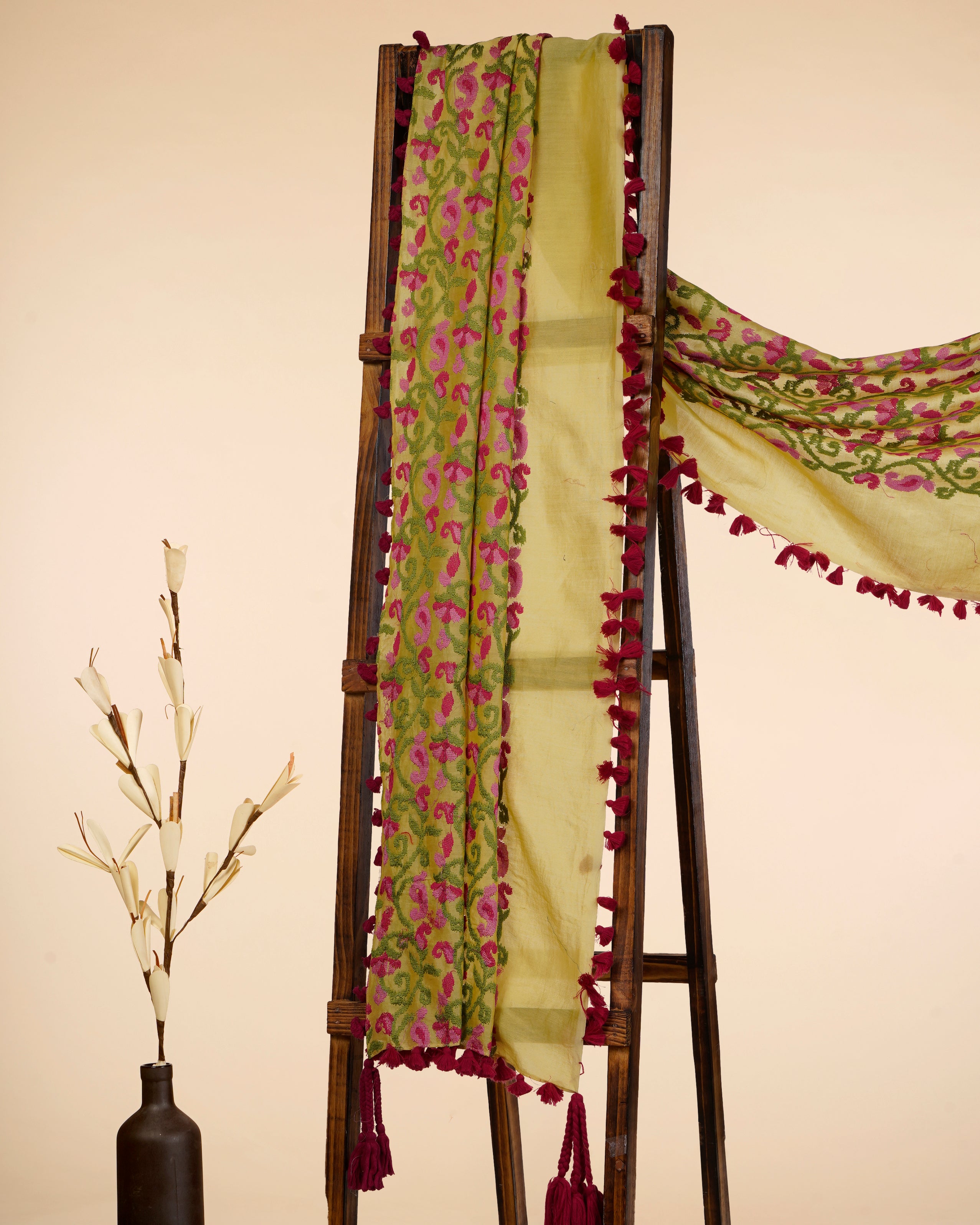 Yellow Color Embroidered Pure Chanderi Dupatta with  Tassels