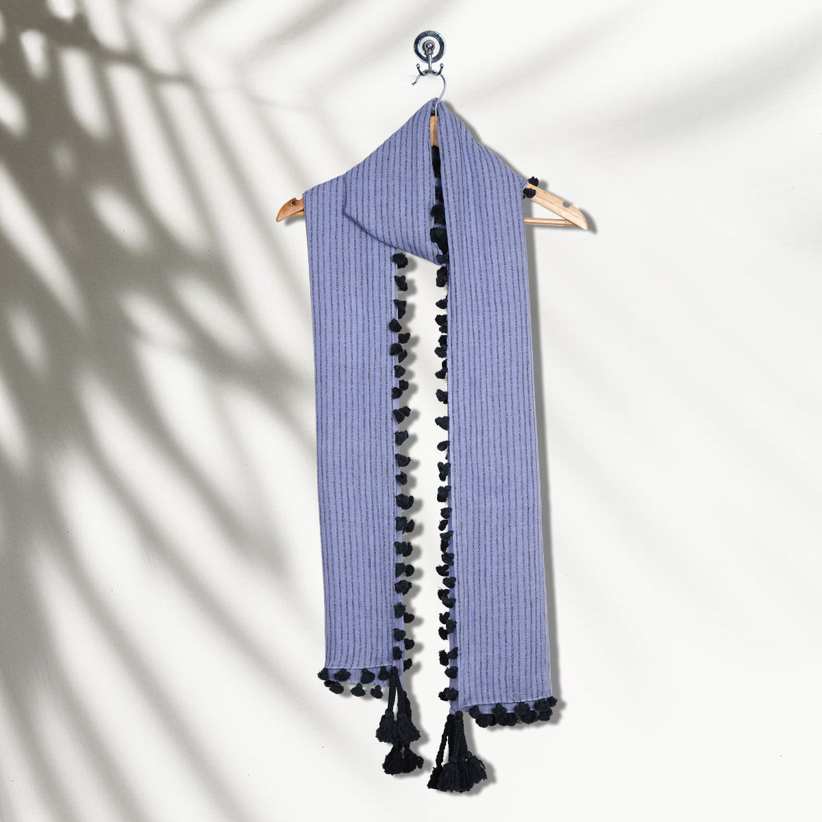 Blue Color Printed Poly Cotton Stole with Tassels