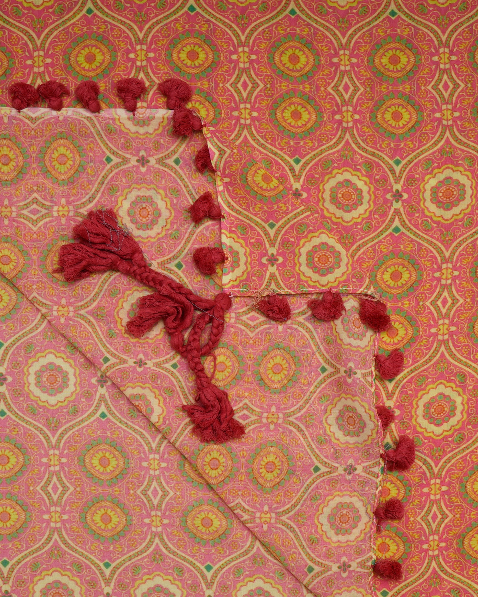 Pink Color Printed Cotton Silk Stole with Tassels