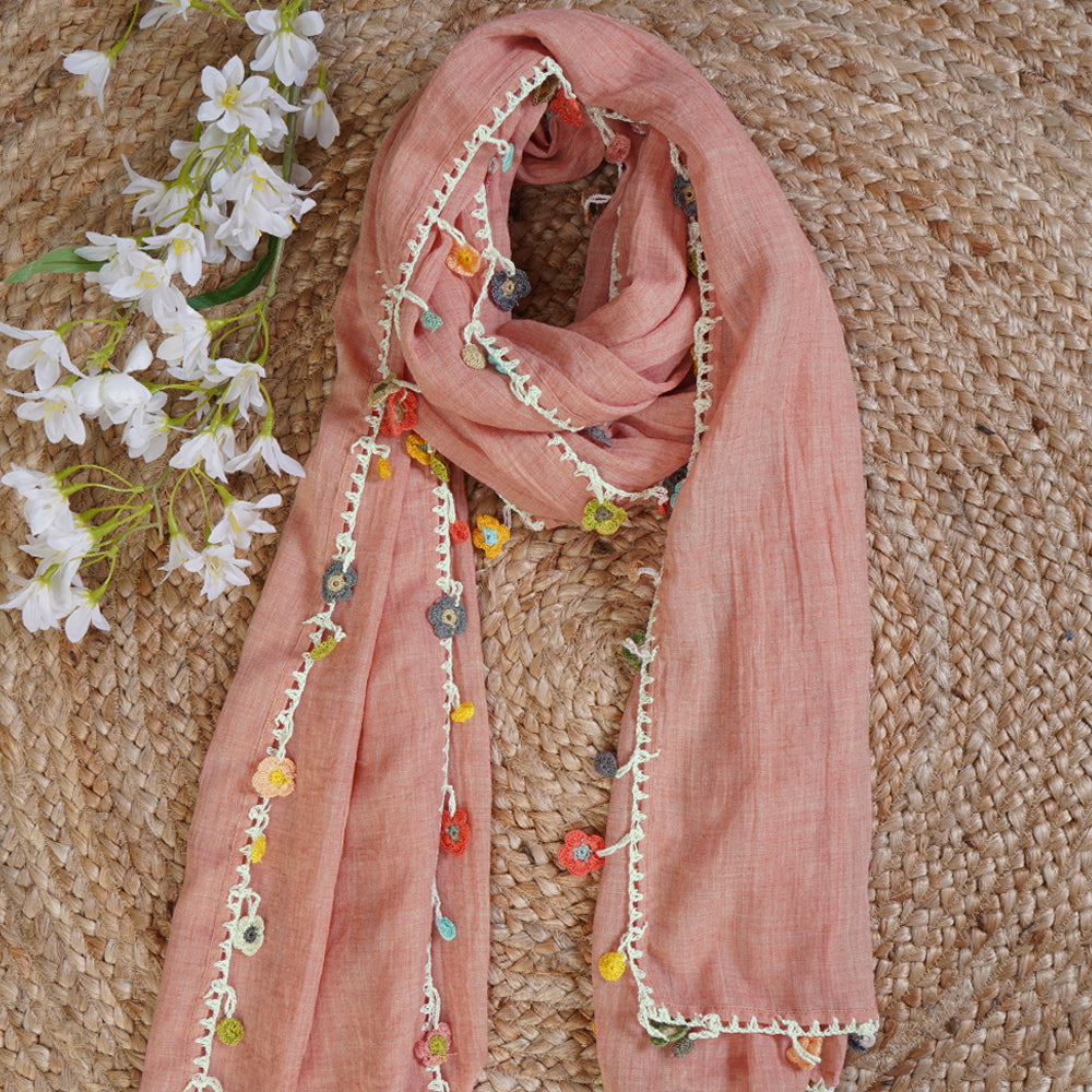 Peach Color Crochet Embroidered Poly Cotton Stole