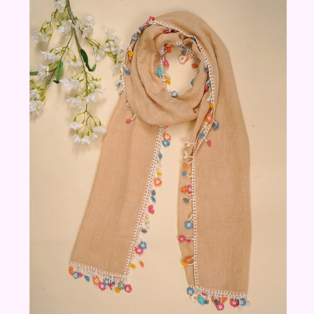 Cream Color Crochet Embroidered Poly Cotton Stole