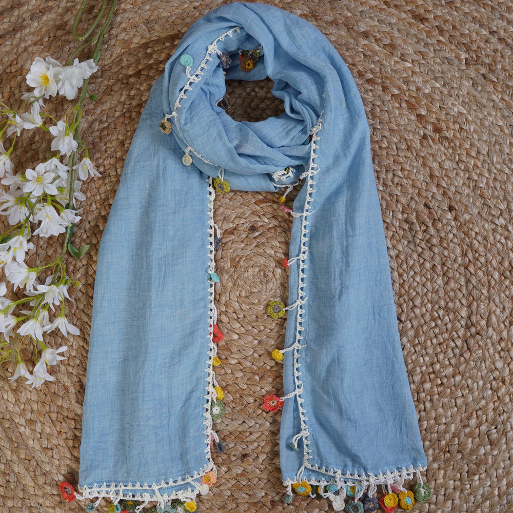 Light Blue Color Crochet Embroidered Poly Cotton Stole