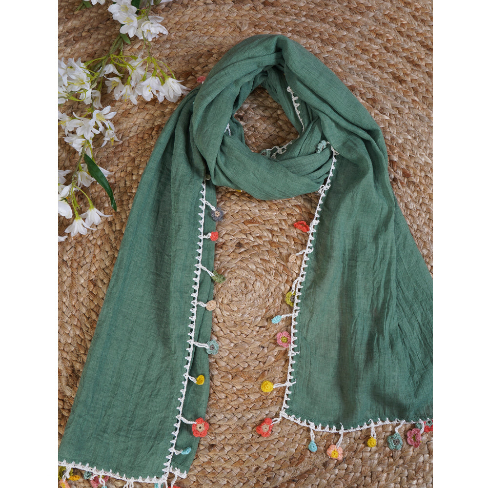 Green Color Crochet Embroidered Poly Cotton Stole