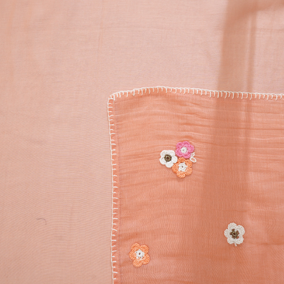 Peach Color Crochet Embroidered Pure Chanderi Scarf