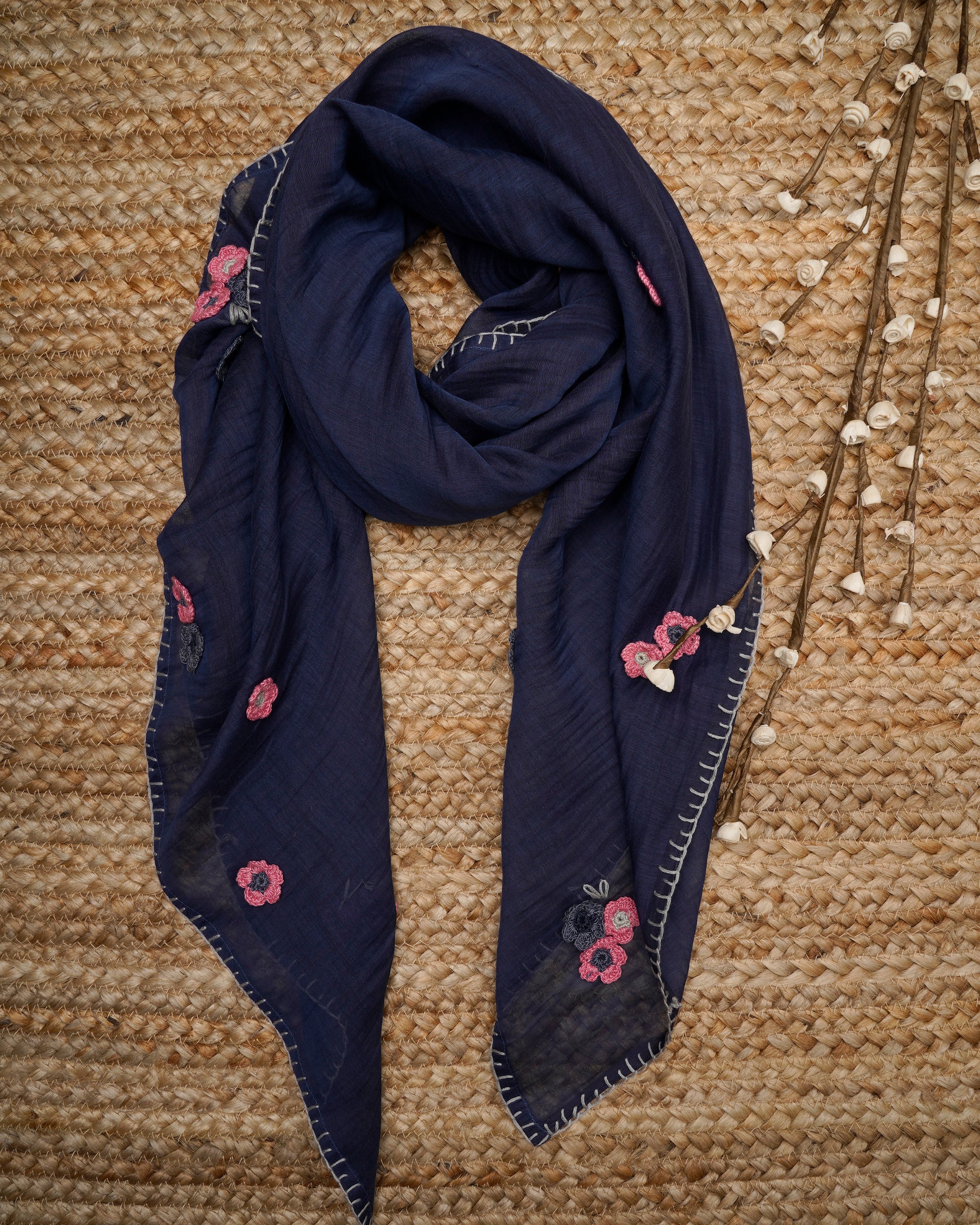 Navy Color Crochet Embroidered Pure Chanderi Scarf