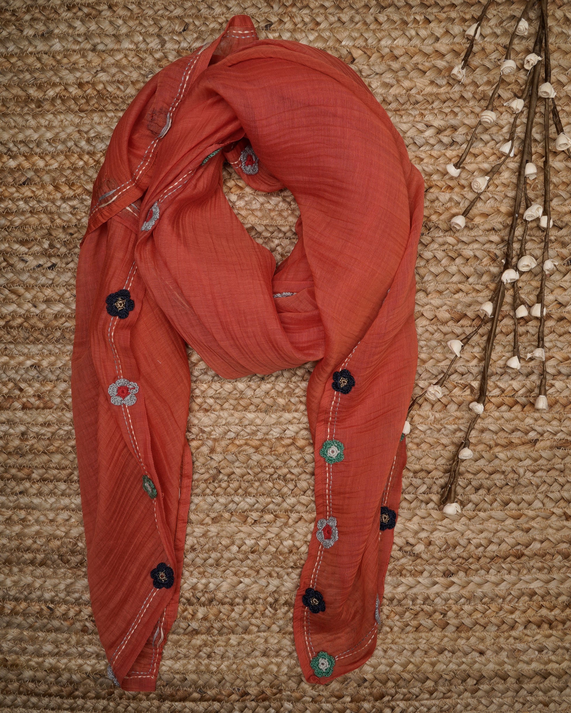Red Color Crochet Embroidered Pure Chanderi Scarf