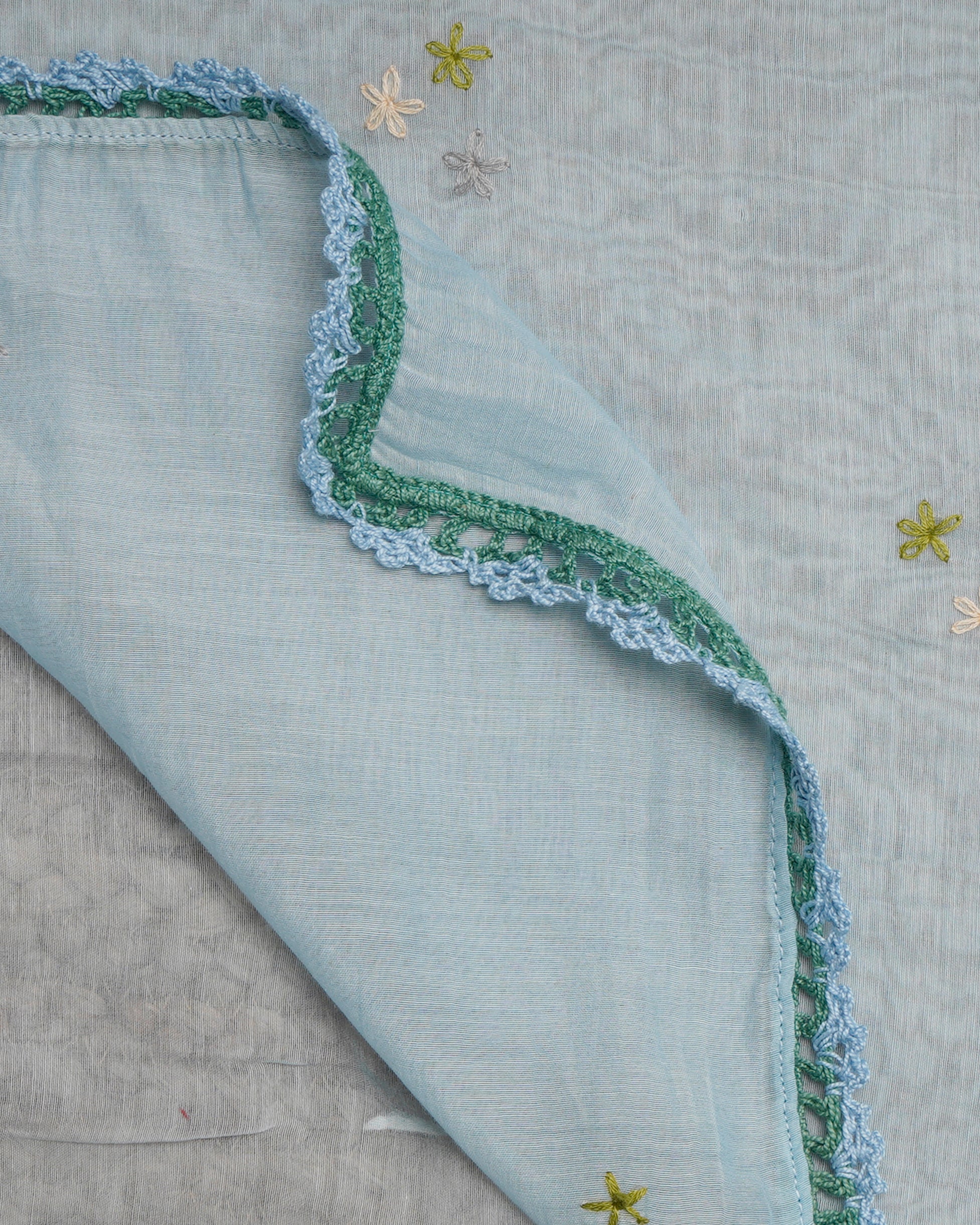 Light Blue Color Crochet Embroidered Pure Chanderi Scarf