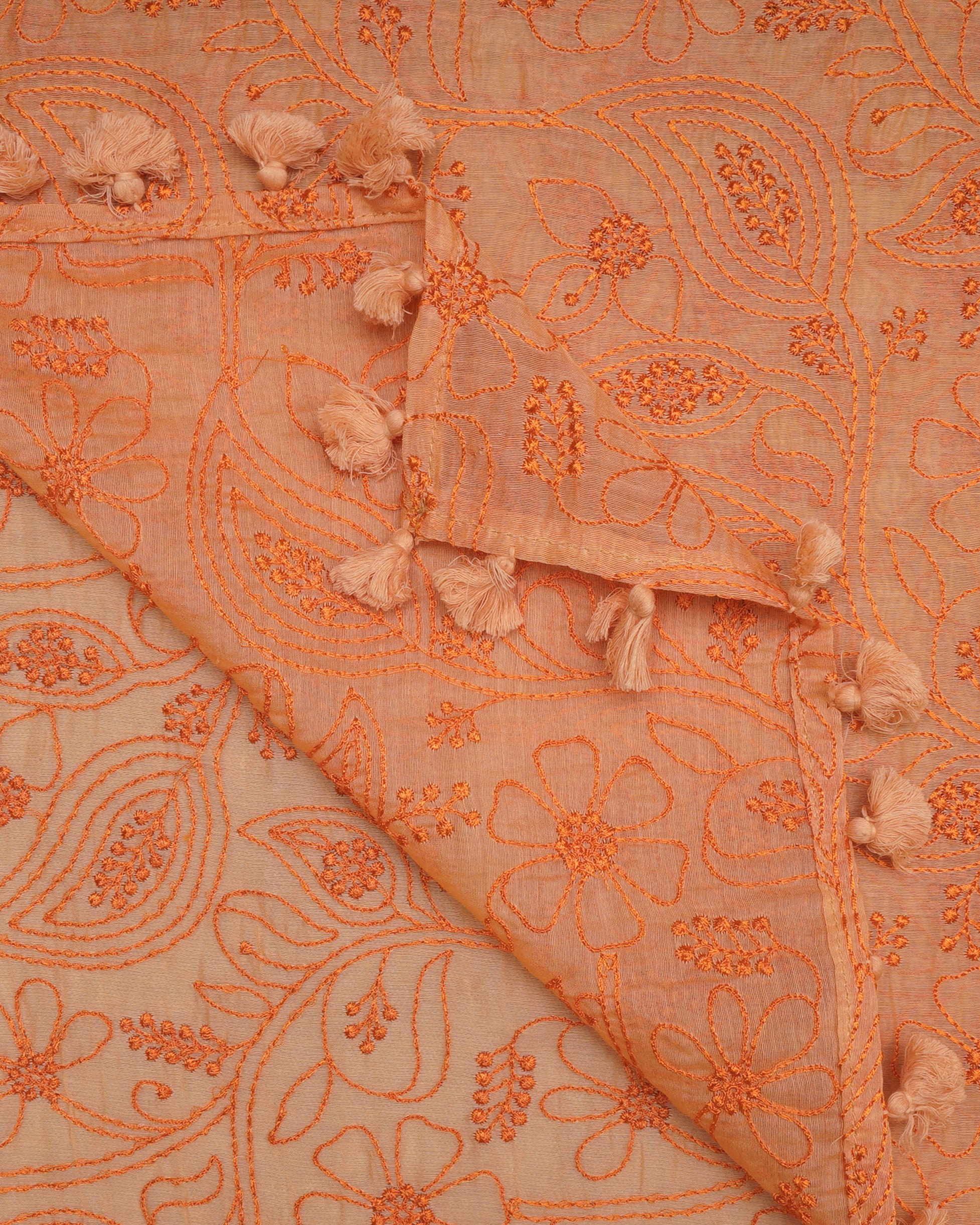 Orange Color Embroidered Pure Chanderi Stole
