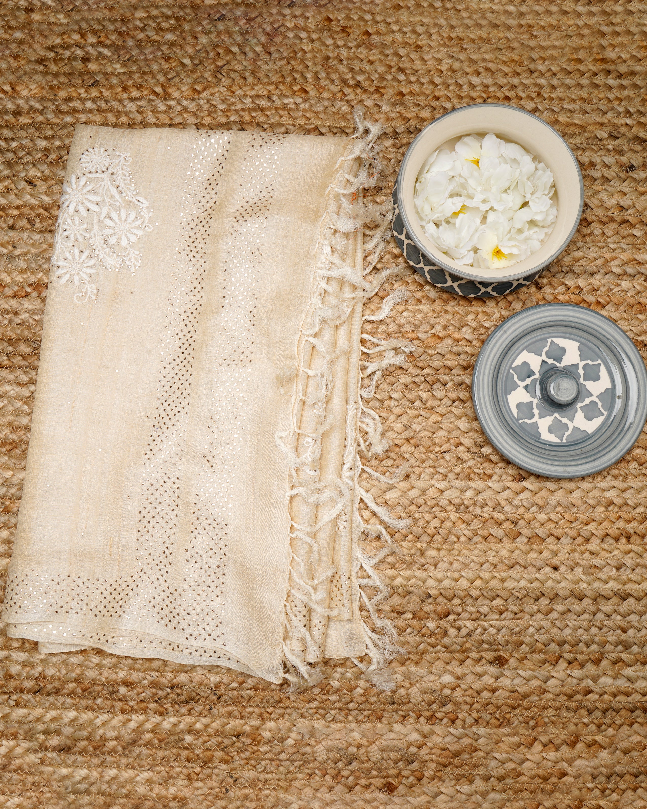 Cream Color Handcrafted Chikankari With Mukaish Work Tussar Silk Dupatta
