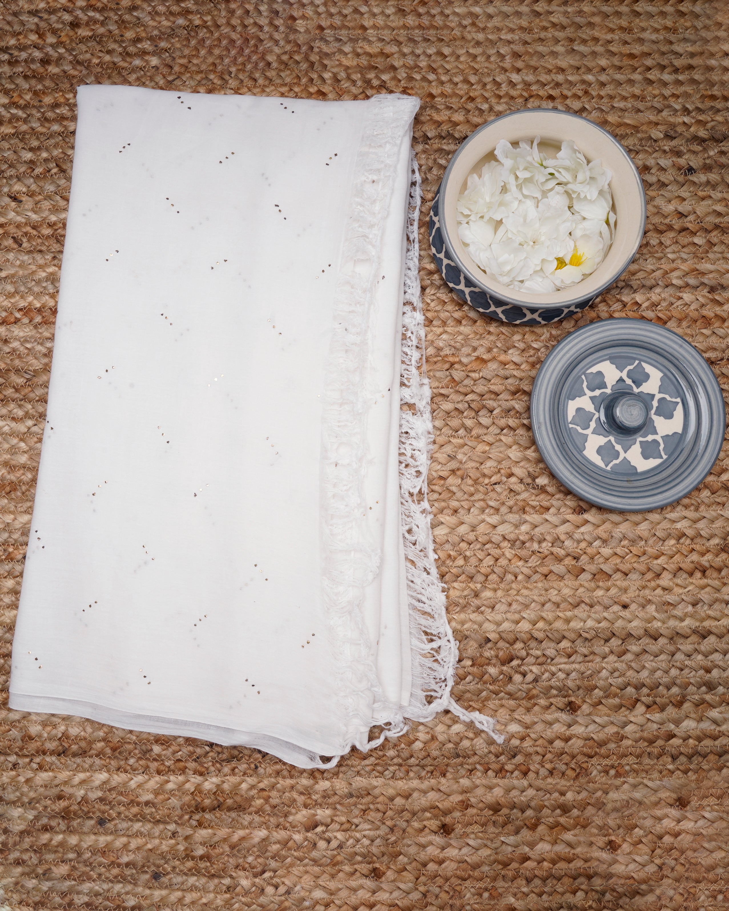 White Color Handcrafted Mukaish Work Pure Cotton Dupatta