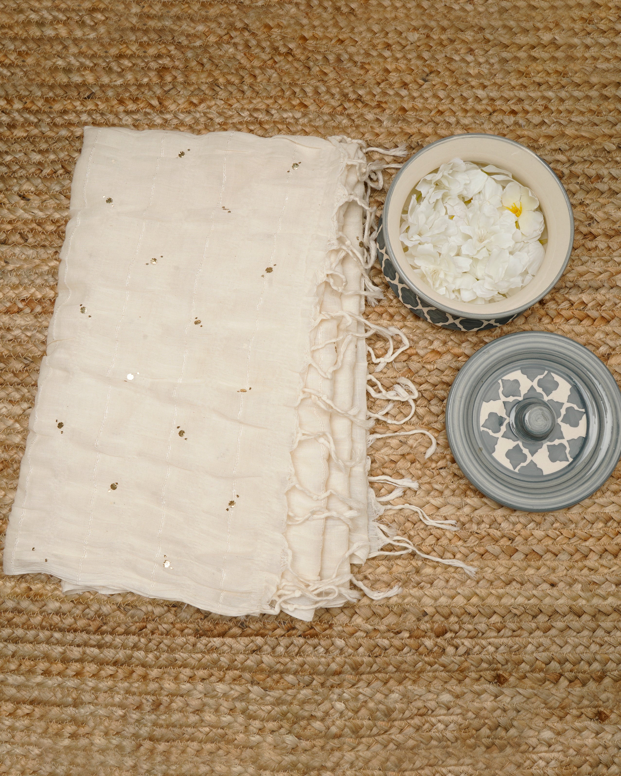 Cream Color Handcrafted Mukaish Work Pure Cotton Dupatta