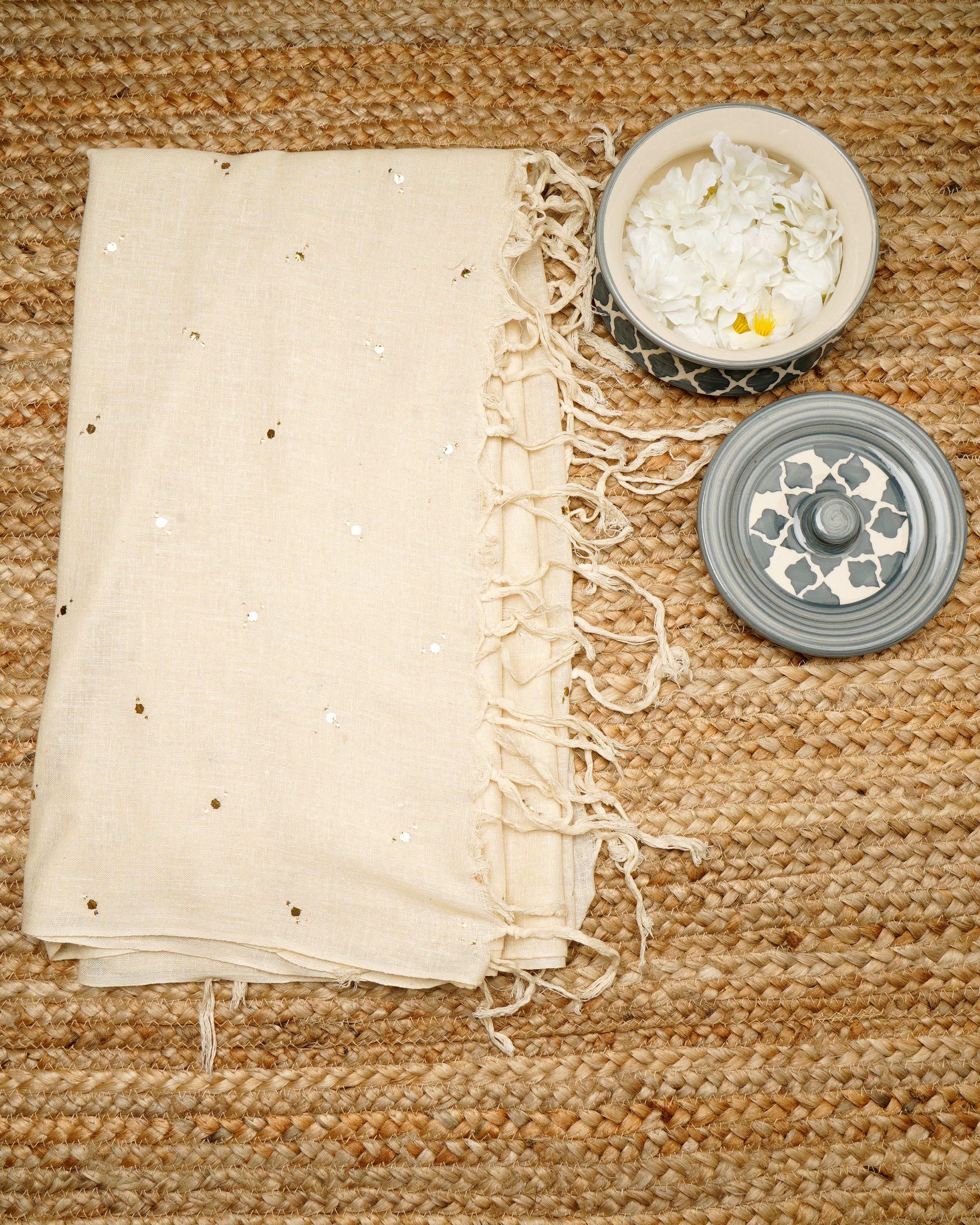 Cream Color Handcrafted Mukaish Work Handloom Cotton Dupatta