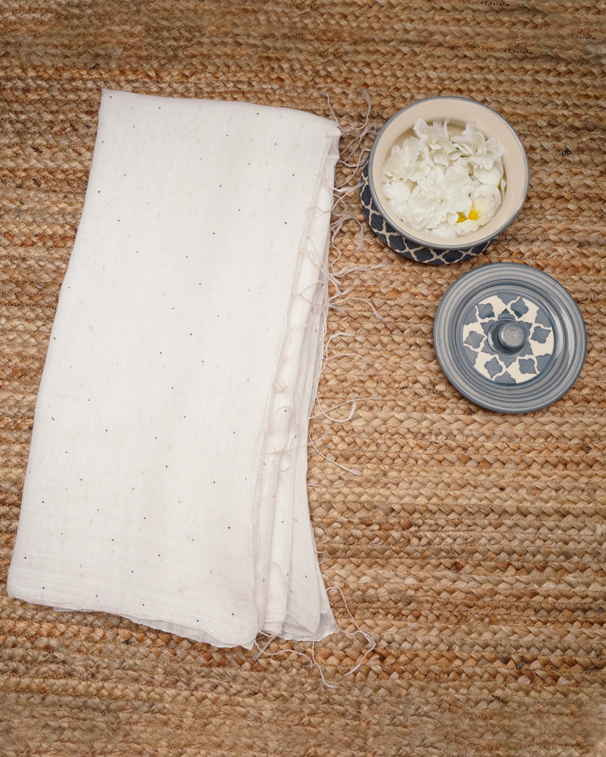 Off White Color Handcrafted Mukaish Work Pure Handloom Muslin Silk Dupatta