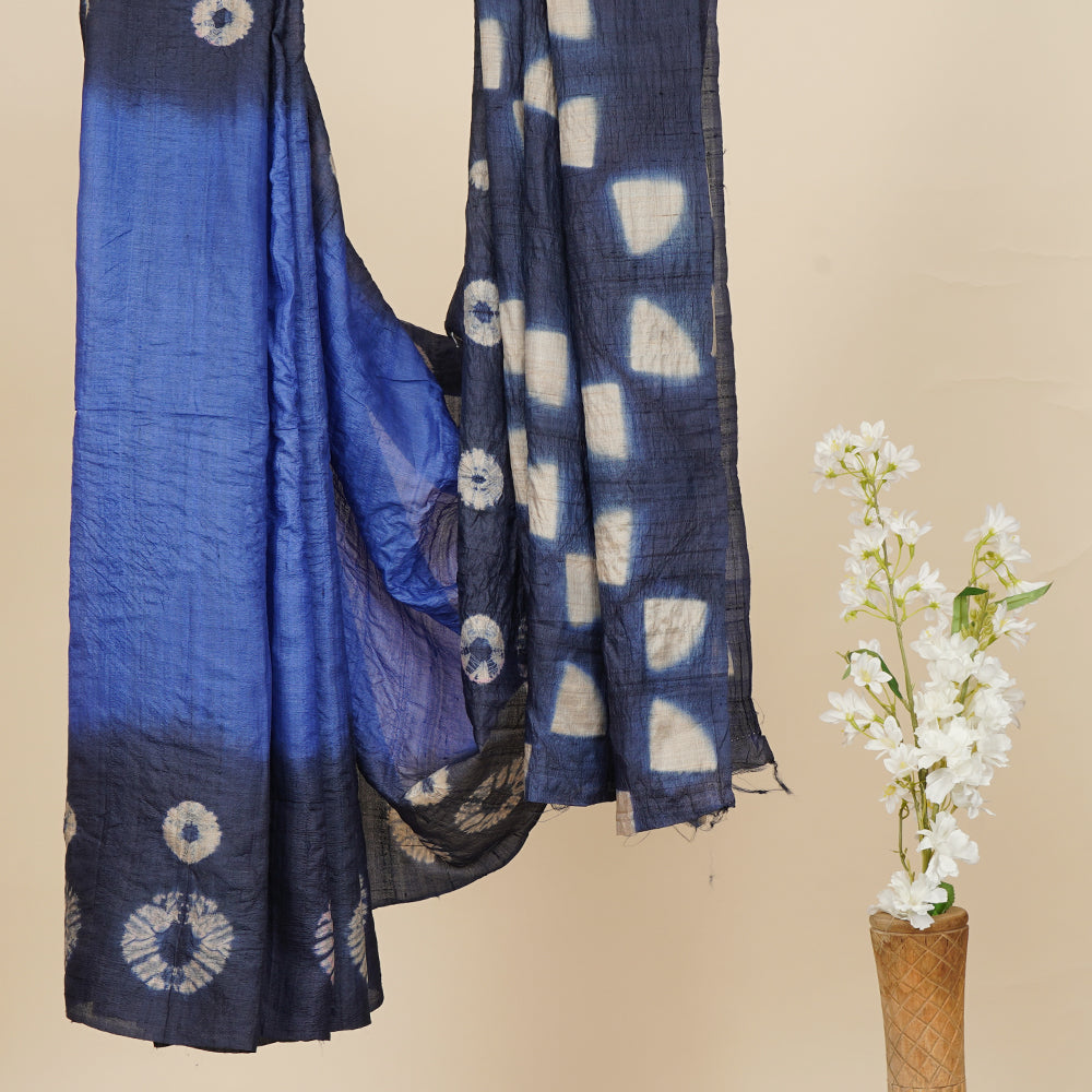 Navy Color Shibori Printed Tussar Silk saree with Blouse Piece