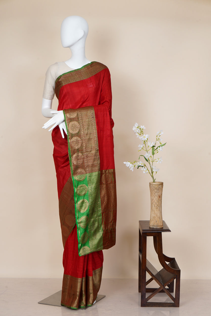 Red Color Handwoven Zari Bordered Tussar Silk Saree with Blouse Piece