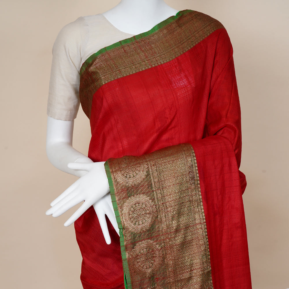 Red Color Handwoven Zari Bordered Tussar Silk Saree with Blouse Piece