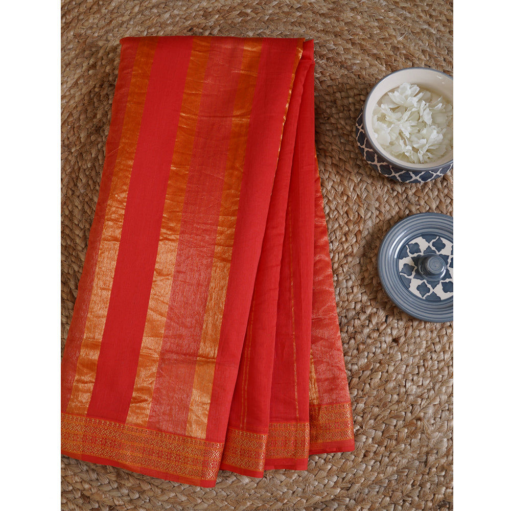 Red Color Handwoven Maheshwari Saree with Blouse Piece