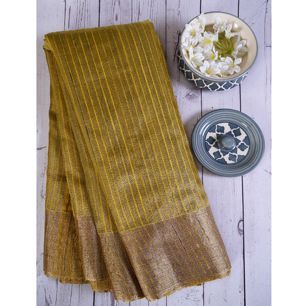 Yellow Color Handwoven Ghicha Silk Zari Bordered Saree with Blouse Piece