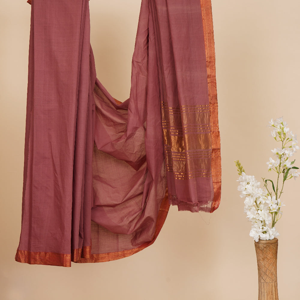 Dusky Purple Color Handwoven Zari Bordered Cotton Saree with Blouse Piece