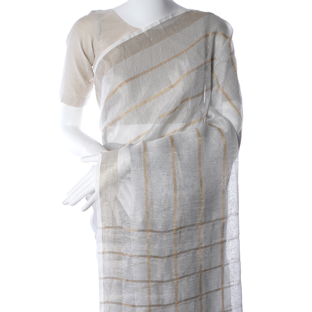 White Color Handwoven Linen Silk Saree with Blouse Piece