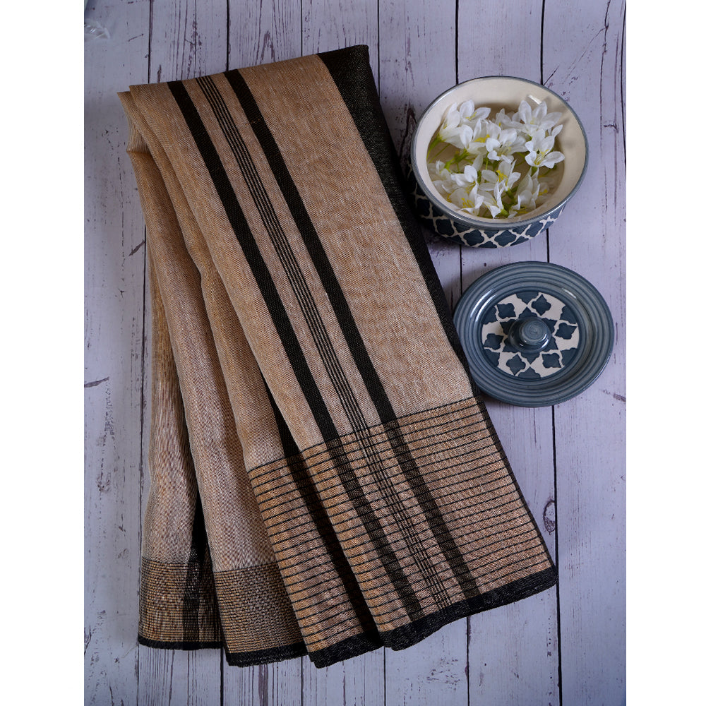 Beige Color Handwoven Linen Silk Zari Bordered Saree with Blouse Piece