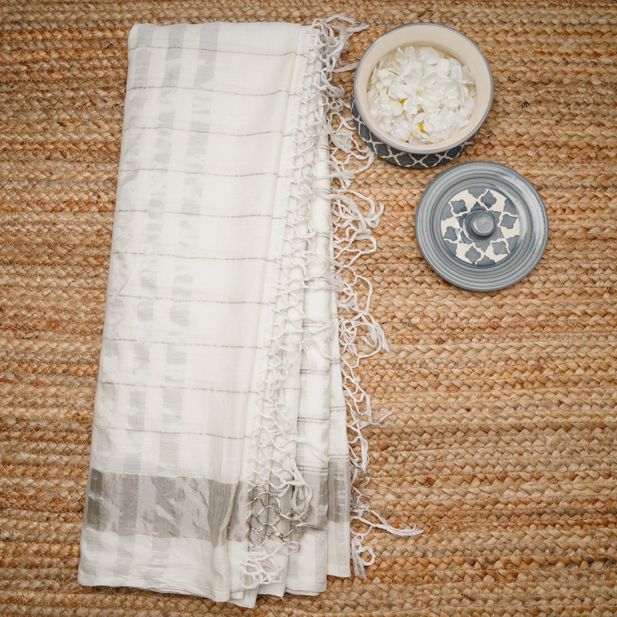 White-Silver Color Zari Checked Fancy Cotton Handloom Saree